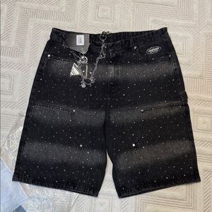 WATSON - Multi Rhinestone Black Denim Carpenter Shorts